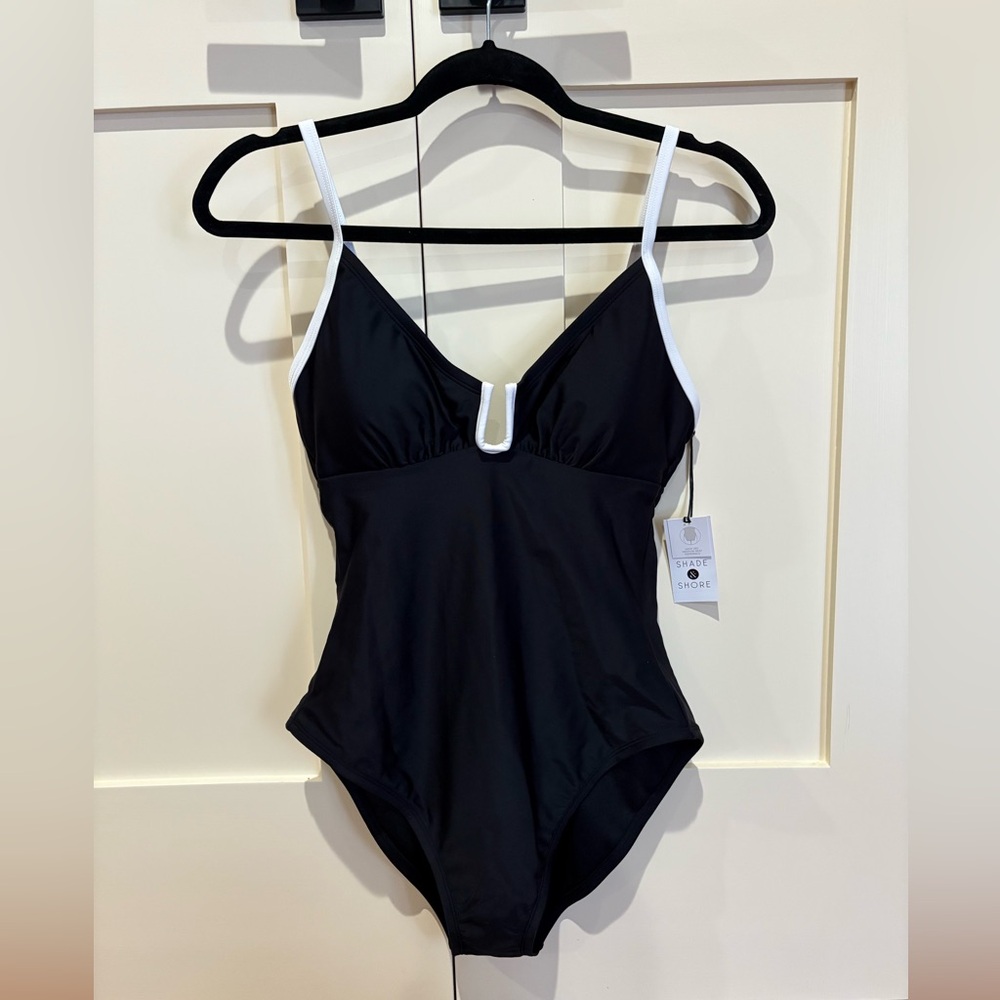 NWT Shade and Shore Black One-Piece Swimsuit with White Trim
